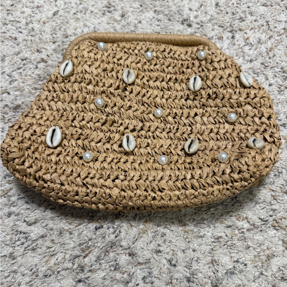 Time and Tru Natural Woven Clutch with Shell and Pearl Accents